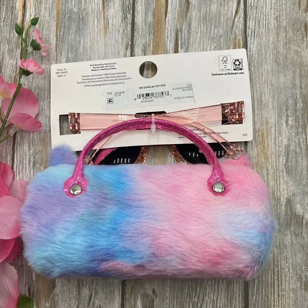 Girls Fun Summer Sunglasses With Unicorn & Fox, Faux Fur Carrying Cases
